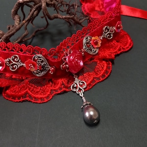 Red lace choker, cottagecore necklace, gardener gift, flower girl jewelry