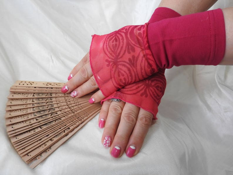 Red, up-cycled stretchy material fingerless, mixed textile cuff Red, up-cycled stretchy material fingerless, mixed textile cuff