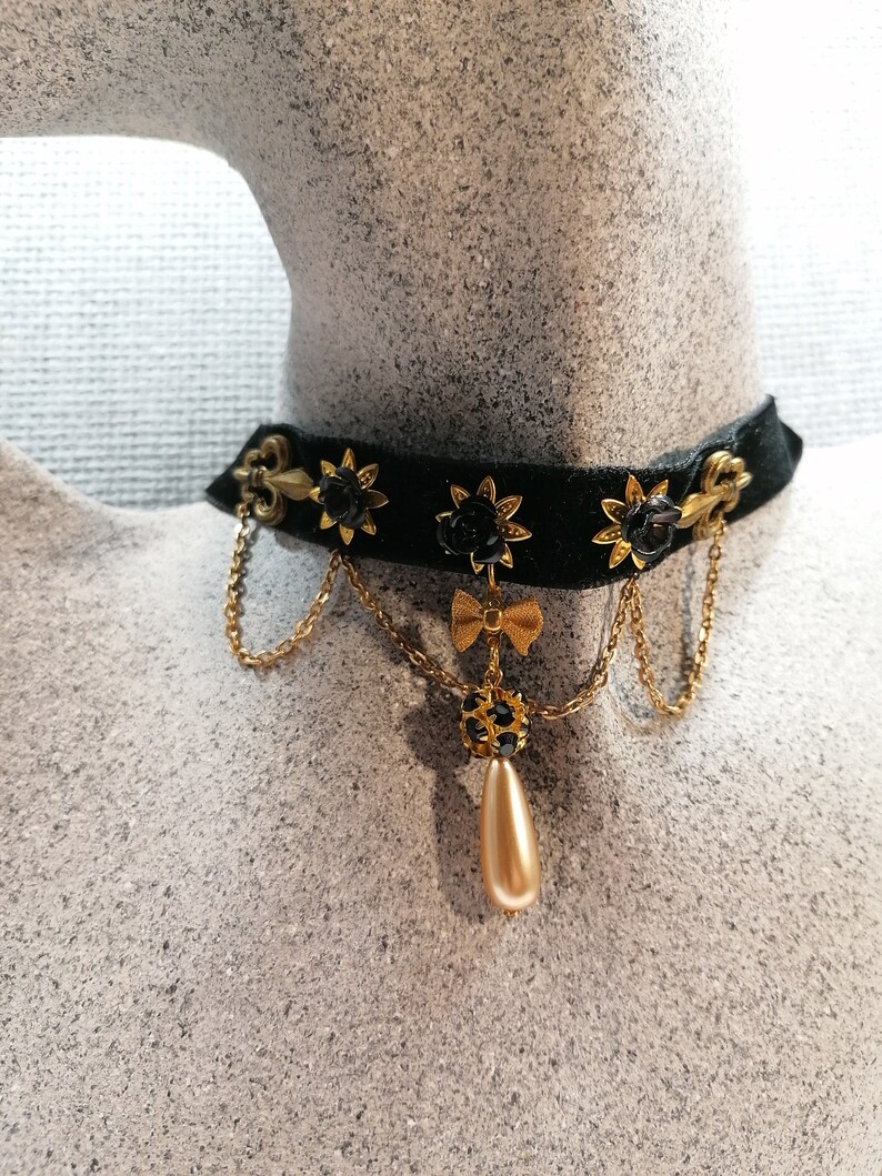 Baroque black and gold chained choker Victorian choker with pearl teardrop