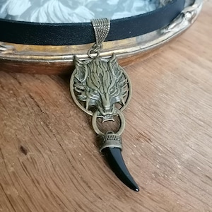 Lion head and tusk choker, black leather choker, Gothic style choker, gift for him