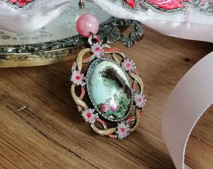 Victorian style cameo choker, gently pink satin and brocade necklace, romantic rococo choker