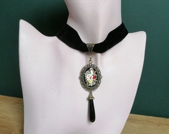 Victorian, Gothic style floral cameo necklace, Gothic black velvet choker with agate teardrop