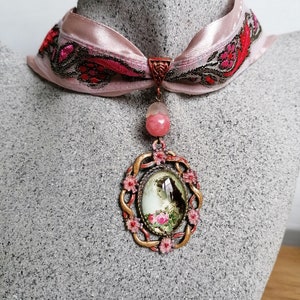 Victorian style cameo choker, gently pink satin and brocade necklace, romantic rococo choker