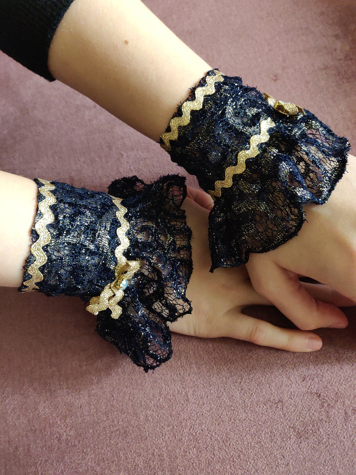 Lace wrist cuffs ruffle cuffs bracelets navy and gold Etsy
