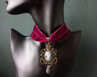Collana Girocollo Vintage Con Ciondolo Teschio Da Sposa - Gotica Steampunk In Velluto Nero