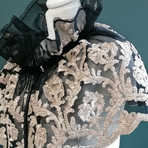 Victorian style high ruffle collar, luxurious embroidered collar, black cape with lace trim, detachable ruff neck piece
