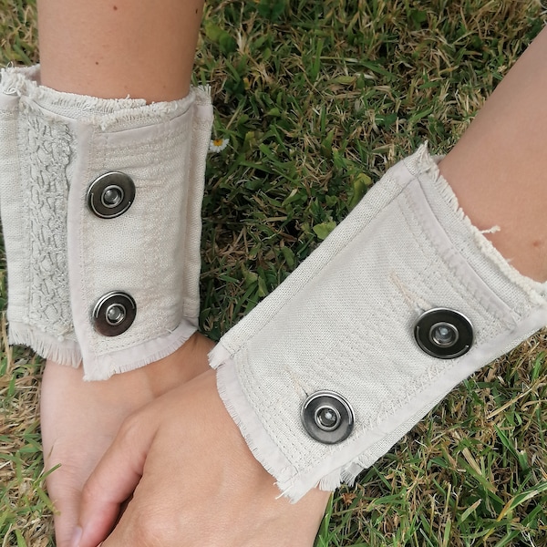 Linen cuffs bracelets, Steampunk wrist cuffs,Up-cycled fabric cuffs, medieval rustic arm warmer