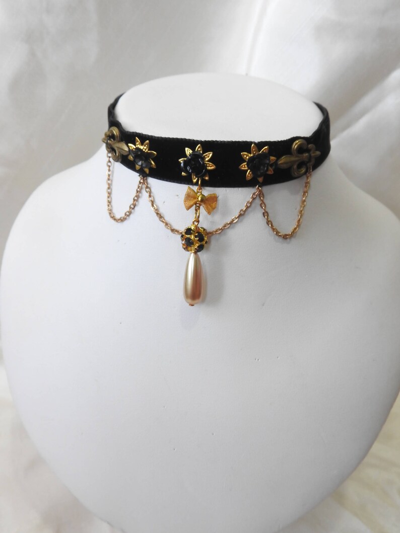 Baroque black and gold chained choker Victorian choker with pearl teardrop