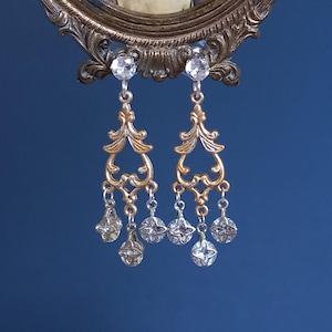 Victorian style chandelier earrings ,Dangle gold, black Cubic Zirconia stud earrings