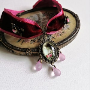 Rococo style cameo choker, burgundy velvet choker, lady with roses necklace