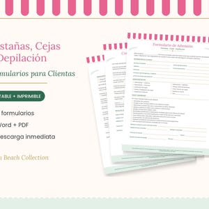 May include: A set of printable client intake forms for eyelash, eyebrow, and hair removal services. The documents feature a pink striped header, white background, and black text in Spanish, including sections for personal information and medical history.