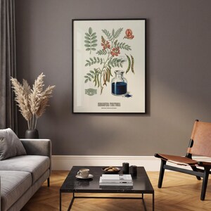 May include: A framed botanical print depicting Indigofera Tinctoria. The artwork includes detailed illustrations of the plant's leaves, flowers, and seed pods, alongside a small glass bottle containing blue liquid. The print has a white background.
