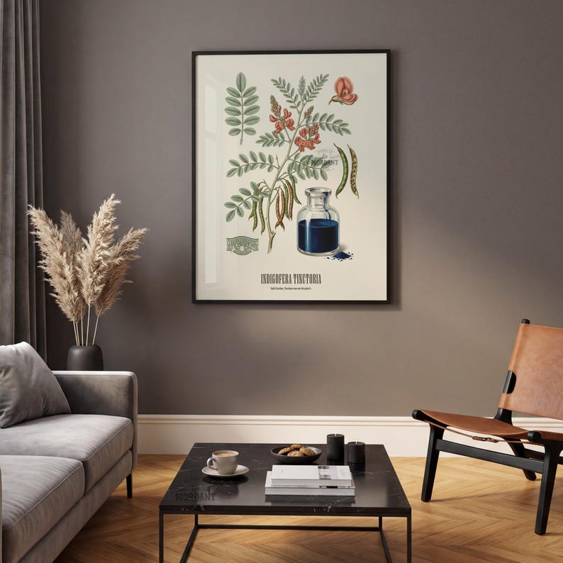May include: A framed botanical print depicting Indigofera Tinctoria. The artwork includes detailed illustrations of the plant's leaves, flowers, and seed pods, alongside a small glass bottle containing blue liquid. The print has a white background.