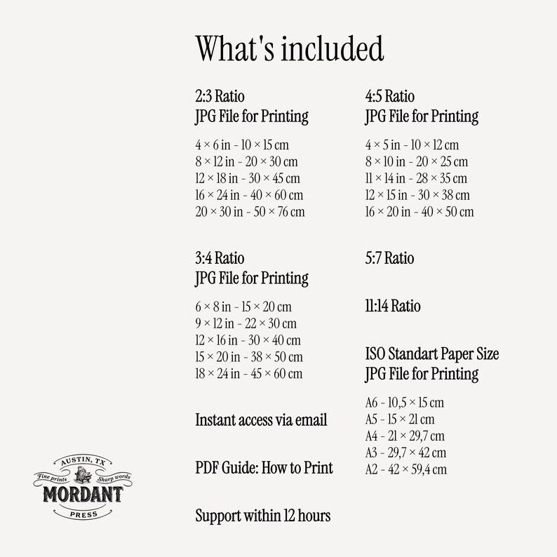 May include: A beige digital print with text detailing print ratios and sizes, including 4x6 inch to 20x30 inch options. Includes a logo for Mordant Press, and information about instant access and support.