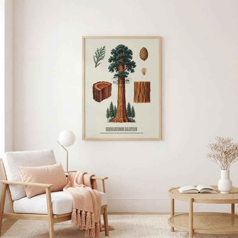 May include: A framed botanical print featuring a detailed illustration of a giant sequoia tree, including cross-sections of the trunk, needles, and a cone. The print has a light beige background and is displayed in a wooden frame.