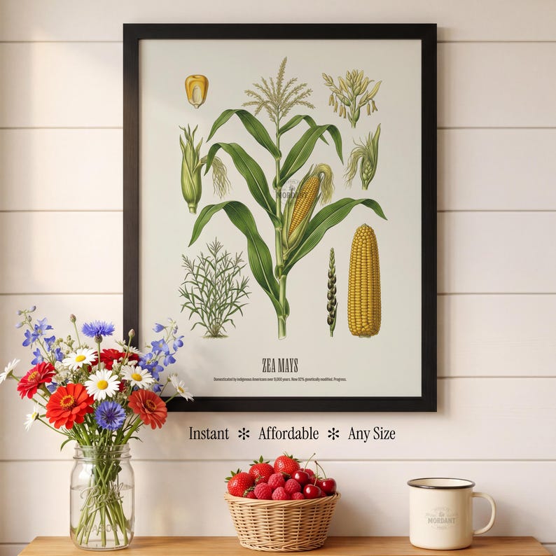 May include: A framed botanical print of Zea Mays, or corn, with detailed illustrations of the plant's various stages. The print is in a black frame and includes the text "Instant * Affordable * Any Size". A bouquet of flowers and a basket of berries are in the foreground.