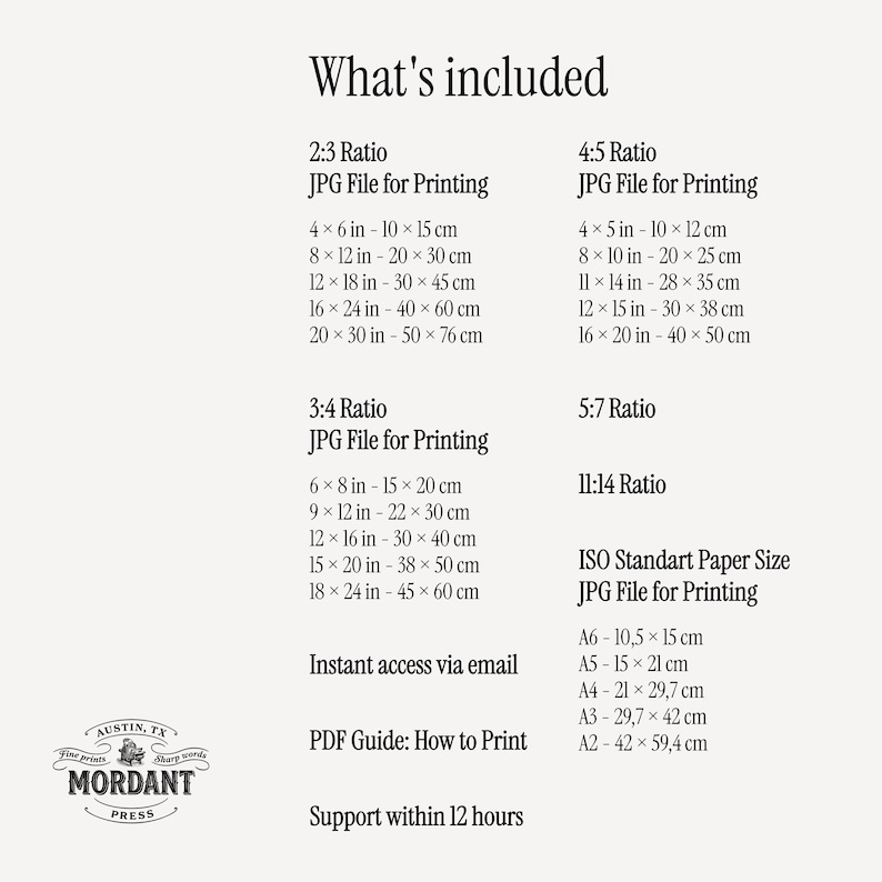 May include: A beige digital print with text detailing print ratios and sizes, including 10x15 cm to 50x76 cm options. Includes ISO paper sizes from A6 to A2. The text also mentions instant access via email and PDF guide.