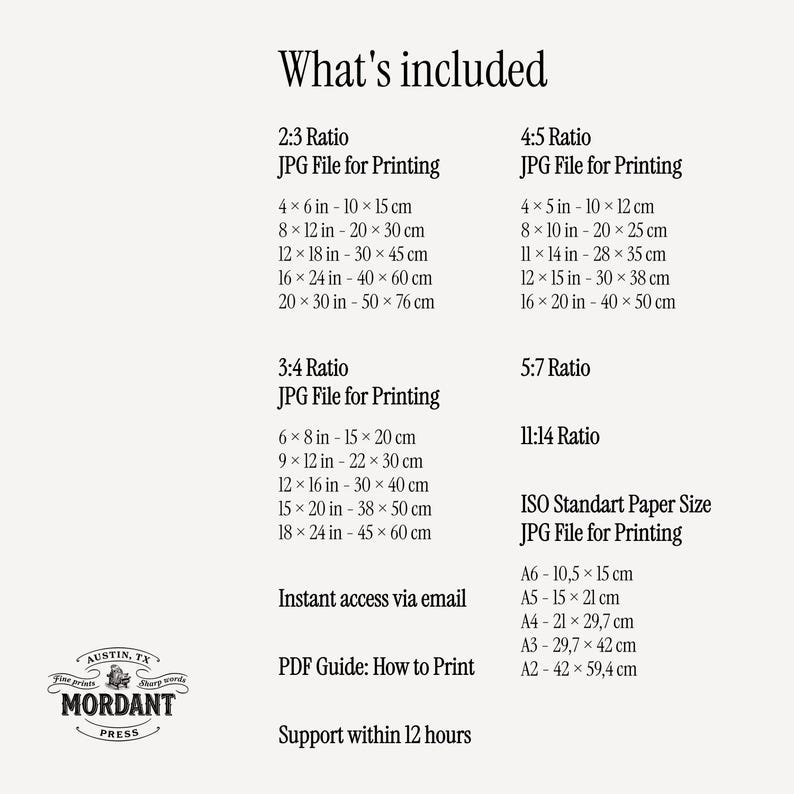 May include: A beige digital print with text detailing print ratios and sizes, including 4x6 inch, 8x12 inch, and 12x18 inch options. The print also lists ISO standard paper sizes and provides instant access via email.