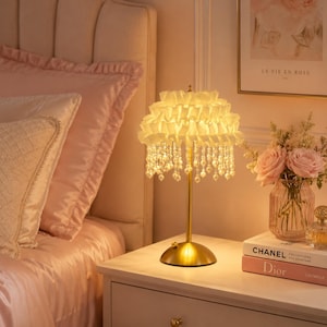 Vintage Pearl Fringe Small Table Lamp, Bedside Lamp, Cottagecore Ruffle Lampshade, Romantic French Country Lighting, Elegant Nightstand Lamp