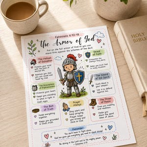 May include: A colorful print titled "The Armor of God" with illustrations of a knight and various spiritual elements. The print includes text from Ephesians 6:10-18, offering guidance on faith and spiritual protection. The print is on a white background.