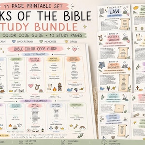 May include: A printable Bible study bundle with 11 pages, including a color code guide and study pages. The pages feature the books of the Bible, with sections for the Old and New Testaments. The design includes illustrations and the text "Books of the Bible Study Bundle".