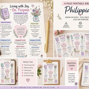 Puede incluir: Un conjunto de páginas imprimibles de estudio bíblico con el título "Filipenses" y la frase "Viviendo con alegría, con propósito". Las páginas presentan ilustraciones florales, corazones y texto. También se ve una taza de café y un libro abierto.