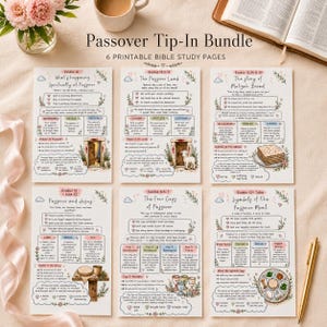May include: A set of six printable Bible study pages titled Passover Tip-In Bundle. Each page features hand-drawn illustrations, floral borders, and text detailing Passover themes, including The Passover Lamb, Matzah Bread, and The Four Cups of Passover.