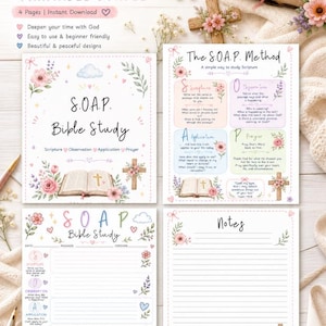 May include: A four-page printable S.O.A.P. Bible study bundle featuring floral illustrations, crosses, and open Bibles. The pages include a title sheet, a method explanation page, a study template with sections for Scripture, Observation, Application, and Prayer, and a lined notes page.