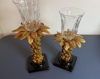Home Interiors Lot Of 2 Gold Palm Trees Hurricane Candle Holders