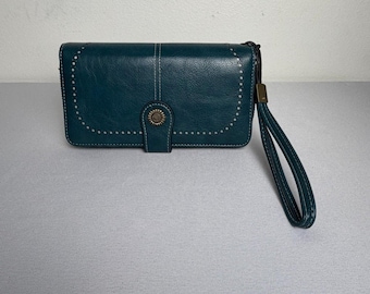 Teal Leather Wristlet Wallet with Stud Accents with Multiple Card Slots