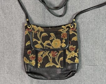 Vintage Floral Tapestry and Leather Crossbody Purse