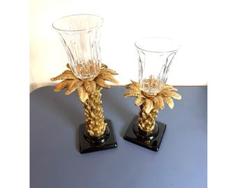 Home Interiors Lot Of 2 Gold Palm Trees Hurricane Candle Holders
