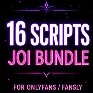 Può includere: Una grafica digitale con sfondo nero che presenta il testo bianco e rosa 16 SCRIPTS JOI BUNDLE FOR ONLYFANS / FANSLY. Il design include elementi decorativi a linee viola e un sottile motivo a forma di stella sullo sfondo scuro.