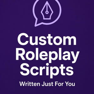 May include: A purple graphic featuring a white speech bubble icon with a fountain pen nib inside. The text reads: Custom Roleplay Scripts, Written Just For You, OnlyFans • Fansly • Cam Creators. The design uses bold white lettering on a solid purple background.