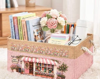 Cesta personalizada para libros con flores de nacimiento y nombre, caja de almacenamiento de lona floral, decoración para amantes de los libros, cesta organizadora personalizada, regalo para bibliotecarios.