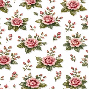 May include: A repeating pattern on a white background featuring clusters of soft pink roses in full bloom, accompanied by dark green serrated leaves and small, unopened rosebuds on thin stems, arranged in a balanced, decorative floral layout.