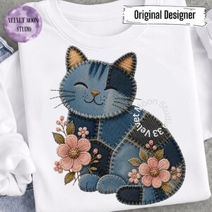 Floral Denim Patchwork Cat PNG, Rustic Quilted Kitty Clipart, Pink Flower Cat Sublimation Design