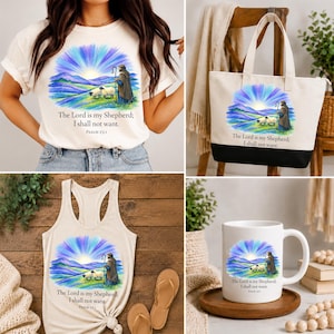 Puede incluir: Una colección de artículos con un gráfico de un pastor con ovejas en un paisaje bajo un resplandor solar. El texto dice: The Lord is my Shepherd; I shall not want. Psalm 23:1. Incluye una camiseta color crema, una bolsa de tela, una camiseta sin mangas y una taza.