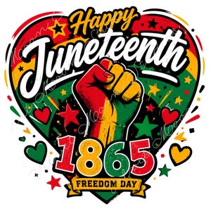 Può includere: Un design grafico colorato per il Juneteenth, con uno sfondo a forma di cuore con le parole "Happy Juneteenth" in bianco. Un pugno chiuso rosso, giallo e verde è al centro, con l'anno "1865" e "Freedom Day" sotto.