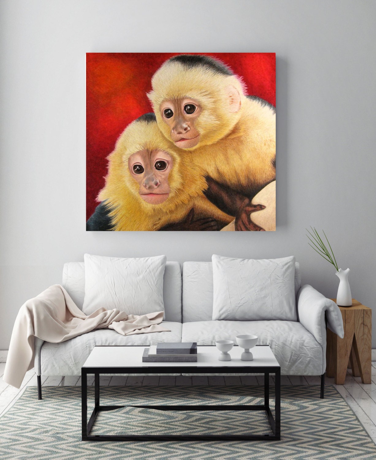 Two Capuchin Monkeys Wildlife Wall Art, Metal Print, Colored Pencil Drawing Artwork