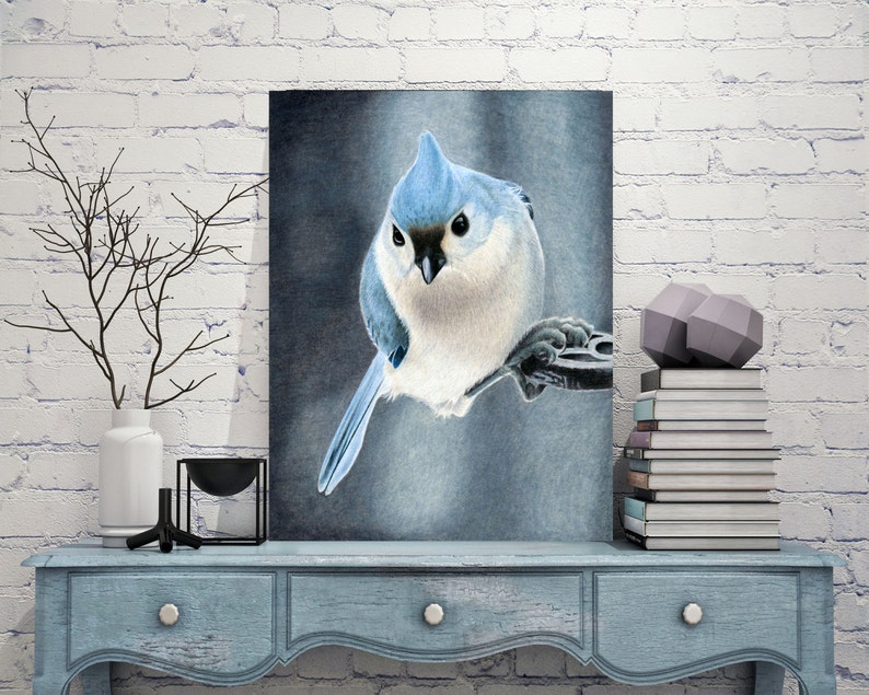 Tufted Titmouse Wildlife Art Metal Print, Wall Art, Drawing, Painting, Colored Pencil Art image 1