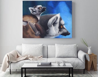 Lemurs Wildlife Art Metal Print, Wall Art, Drawing, Painting, Colored Pencil Art