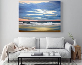 Cloudy Sunset Beach Painting Wall Art, Metal Print, Oil Painting Artwork