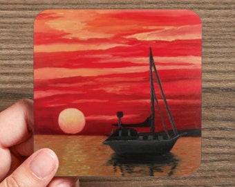 Red Sunset Coaster SET of 4, Personalized Coasters, Ocean Art, Sunset Home Decor