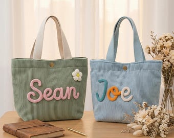 Custom Name Kids Tote Handbag, Mini Corduroy Shoulder Bag, Personalized Bag for Toddlers, Birthday Gift for Little Girls