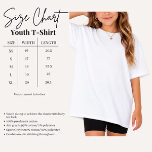 May include: A white youth t-shirt with a size chart. The chart lists sizes XS to XL, with measurements in inches. The shirt is 100% preshrunk cotton. The image also includes details about the shirt's fabric composition and stitching.