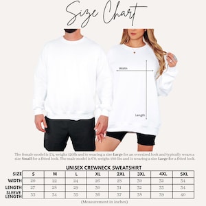 May include: A size chart for a unisex crewneck sweatshirt, with measurements in inches. The chart includes sizes S to 5XL, detailing width, length, and sleeve length. The image also shows a male and female model wearing the sweatshirt.