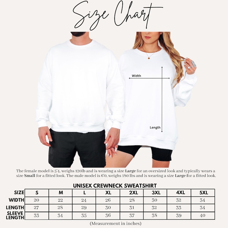 May include: A size chart for a unisex crewneck sweatshirt, with measurements in inches. The chart includes sizes S to 5XL, detailing width, length, and sleeve length. The image also shows a male and female model wearing the sweatshirt.