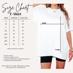 May include: White t-shirt with a size chart. The chart lists measurements in inches for sizes S to 5XL. Features include unisex sizing, 100% ringspun cotton, double-needle sleeve and bottom hems, and taped neck and shoulders.