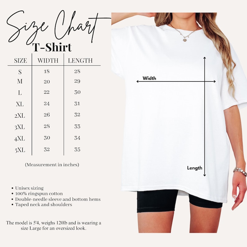 May include: White t-shirt with a size chart. The chart lists measurements in inches for sizes S to 5XL. Features include unisex sizing, 100% ringspun cotton, double-needle sleeve and bottom hems, and taped neck and shoulders.